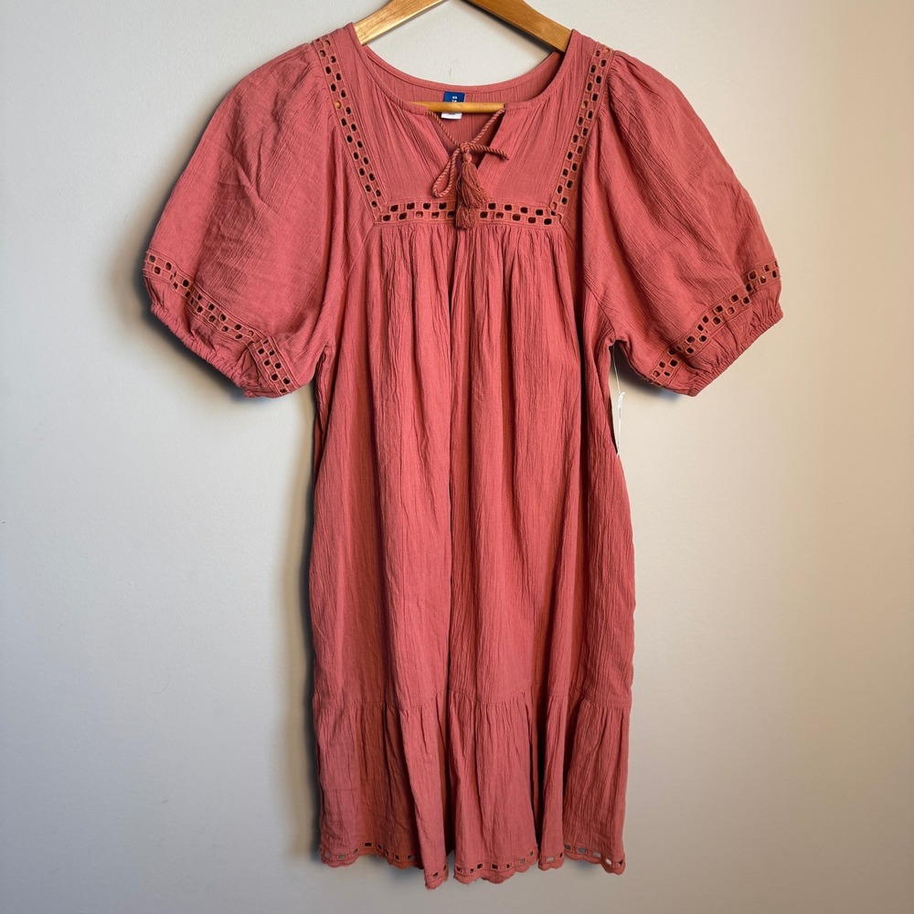 Old Navy Puff Sleeve Swing Dress Eyelet Detail Tassel Tie Split Neck Size XS NEW